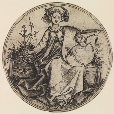 Ülő hölgy, aki pajzsot tart egy unikornissal, kb. 1435-1491., kb. 1435-1491. alkotó: Martin Schongauer