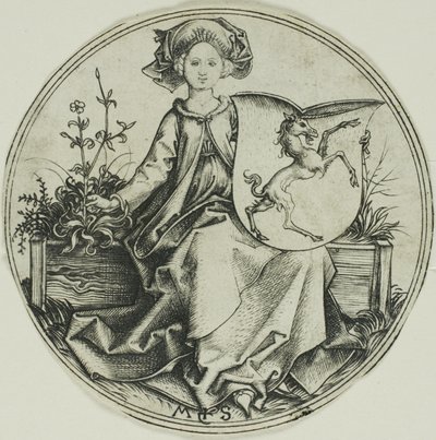 Pajzs egyszarvúval, egy hölgy tartja alkotó: Martin Schongauer