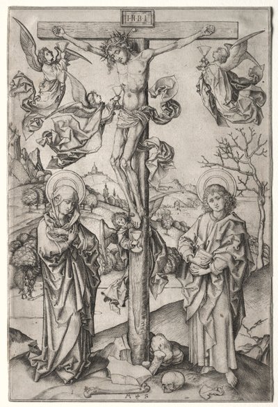 A keresztre feszítés négy angyallal. alkotó: Martin Schongauer