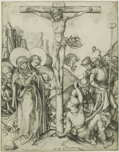 A keresztrefeszítés a szent asszonyokkal, Szent Jánossal és a római katonákkal alkotó: Martin Schongauer