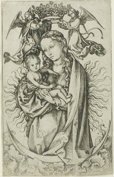 Két angyal által megkoronázott Madonna a félholdon alkotó: Martin Schongauer