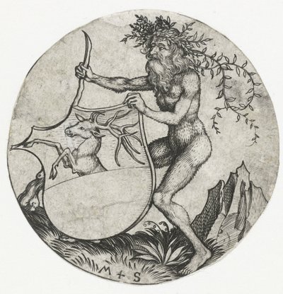 Címer szarvassal, vad ember kezében, bottal Címeres figurák (sorozat címe) alkotó: Martin Schongauer