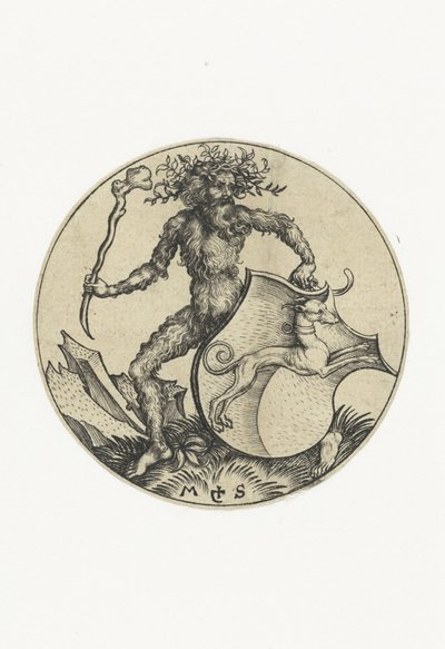 Címer kutyával, egy vad ember kezében egy bottal Címeres figurák (sorozat címe) alkotó: Martin Schongauer
