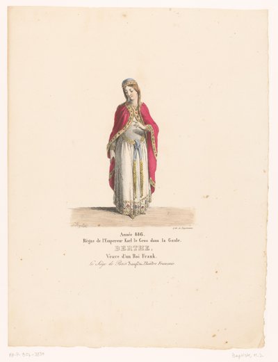 Kostuum van koningin Berthe uit de tragedie The Siege of Paris Berthe (cím a tárgyon) Theaterkostuums (sorozat címe) Francia Színház: MM jelmezgyűjtemény. J. Alaux és L. Duponchel a Bibliothèque de la Comédie kéziratos rajzai alapján alkotó: Martin Sylvestre Baptiste