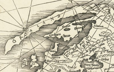 1513-as északi-tengeri térkép, amely Grönlandot Skandináviával összekötve ábrázolja. alkotó: Martin Waldseemuller