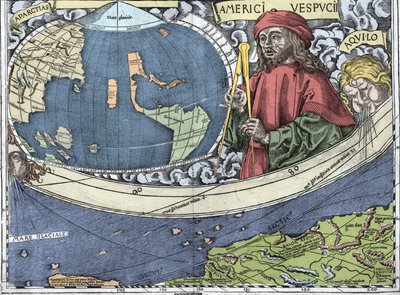 VESPUCCI, Amerigo (1454-1512). Olasz felfedező és térképészet a „Waldseemuller térkép vagy Universalis Cosmographia - (Universal Cosmographia) - Waldseemuller Planisphere” - 1507 -ben alkotó: Martin Waldseemuller