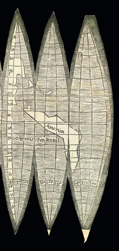 Világtérkép földi gömbölyű készlet formájában, 1507 alkotó: Martin Waldseemuller