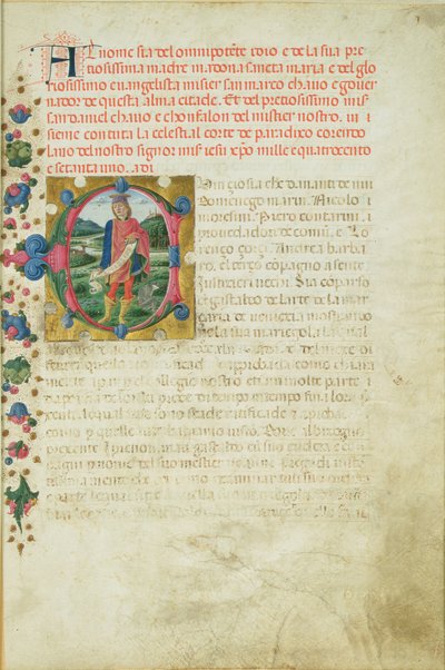 Dániel prófétát tájképben ábrázoló történeti C kezdőbetű, 1471 körül. alkotó: Martino di Giorgio da Modena