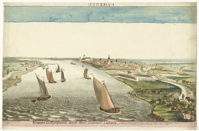 Kilátás a Nijmegen melletti erődítményekre a Waal-on Sir Coehoorn tábornok által megerősített Nymegen (cím az objektumon) alkotó: Martinus Berkenboom