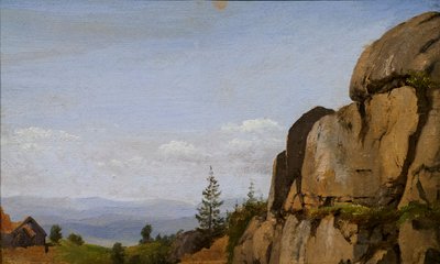 Norvég tájkép sziklákkal az előtérben alkotó: Martinus Rorbye