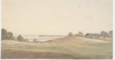 Táj víz a háttérben és ház t.h. alkotó: Martinus Rørbye