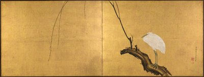 Gém fűzfaágon, két paneles összecsukható szita, 1700-as évek vége (tinta, szín, lakk és arany selyemen) alkotó: Maruyama Okyo