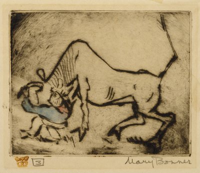 Bull-Dogging (kézzel színezett rézkarc) alkotó: Mary Bonner