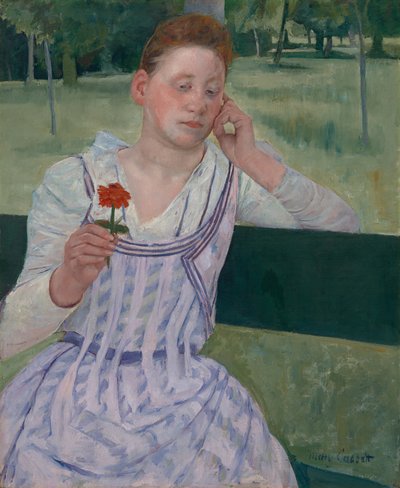 A nő a vörös cínia mellett (Álmodozás) alkotó: Mary Cassatt