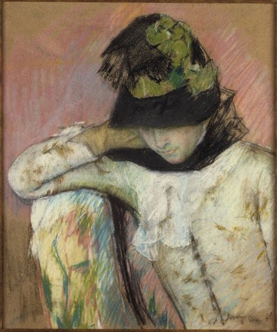 Fekete-zöld sapkás fiatal nő, aki lefelé néz alkotó: Mary Cassatt