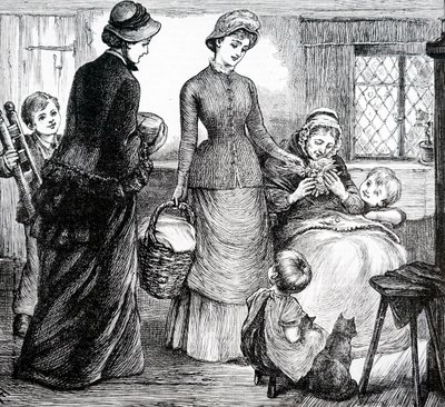 Egy nő ajándékot ad egy szegény házikónak. Írta: Mary Ellen Edwards (1838-1934) angol művész alkotó: Mary Ellen Edwards