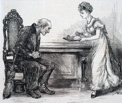 Egy nő meleg vacsorát ad az átkelő seprőnek. Írta: Mary Ellen Edwards (1838-1934) angol művész alkotó: Mary Ellen Edwards
