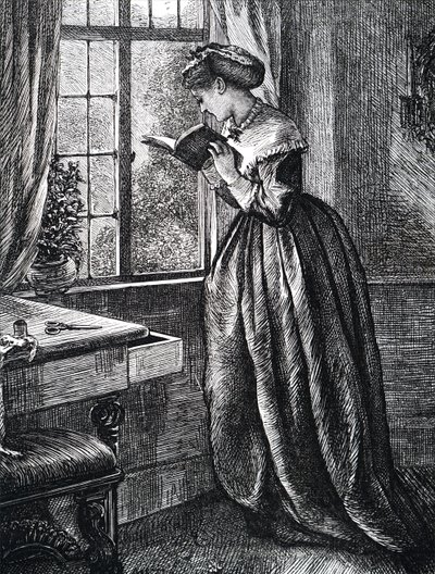 Egy fiatal nő nyitott ablak mellett olvas. alkotó: Mary Ellen Edwards