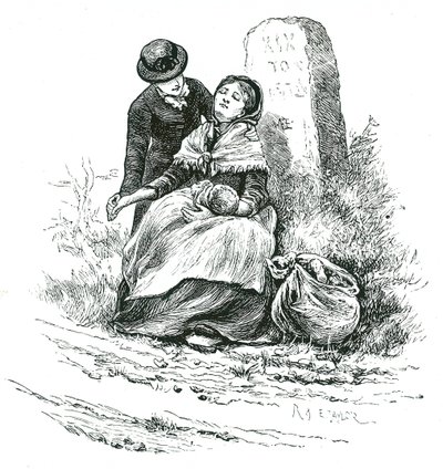 Egy nyomorgó, hajadon anyát kimerülten találtak kisbabájával a Workhouse felé menet. Thomas Hardy regényére emlékeztető jelenet, de nem ritka a vidéki területeken szerte az országban. Illusztráció: Mary Ellen Edwards c1881. alkotó: Mary Ellen Edwards