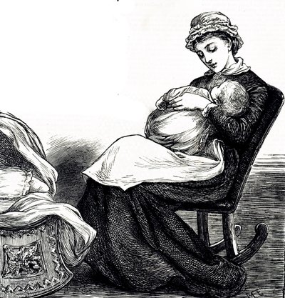 Egy metszet, amely egy anyát ábrázol, aki babáját ringatja. Illusztrált Mary Ellen Edwards (1838-1934) angol művész és gyermekkönyvek termékeny illusztrátora alkotó: Mary Ellen Edwards