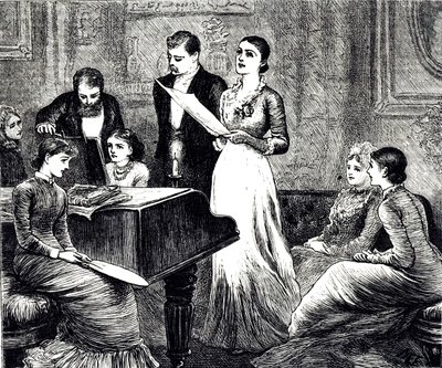 Zenés estét ábrázoló metszet. Illusztrálta: Mary Ellen Edwards (1838-1934) angol művész és gyermekkönyv-illusztrátor alkotó: Mary Ellen Edwards