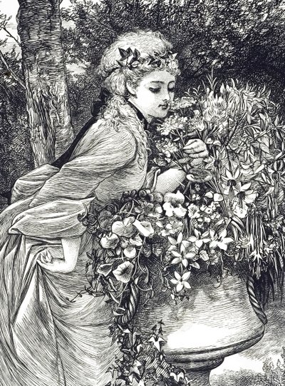 Egy metszet, amely egy fiatal lányt ábrázol, aki virágszagot érez egy kerti urnában. Illusztrálta: Mary Ellen Edwards (1838-1934) angol művész és gyermekkönyv-illusztrátor alkotó: Mary Ellen Edwards