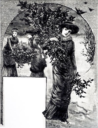 A magyal és az örökzöld gyűjteményét ábrázoló metszet karácsonyi dekorációhoz. Illusztrálta: Mary Ellen Edwards (1838-1934) angol művész és gyermekkönyv-illusztrátor alkotó: Mary Ellen Edwards