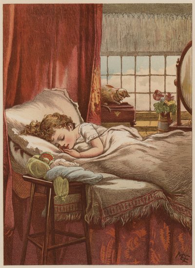 Gyermek alszik az ágyban (chromolitho) alkotó: Mary Ellen Edwards