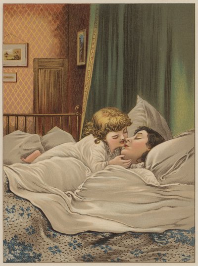 Gyermek az ágyban anyjával (chromolitho) alkotó: Mary Ellen Edwards