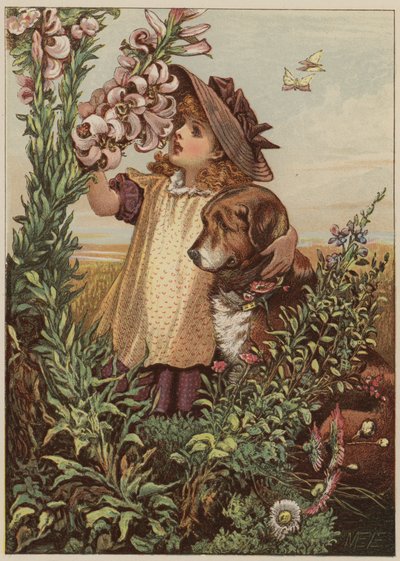 Lány kutyaillatú virágokkal (chromolitho) alkotó: Mary Ellen Edwards