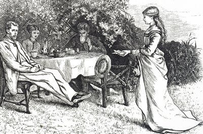 A kertben reggeliző családot ábrázoló illusztráció alkotó: Mary Ellen Edwards
