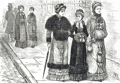 Illusztráció fiatal nőket ábrázoló muffal, hogy melegen tartsák a kezüket a hidegebb időben alkotó: Mary Ellen Edwards