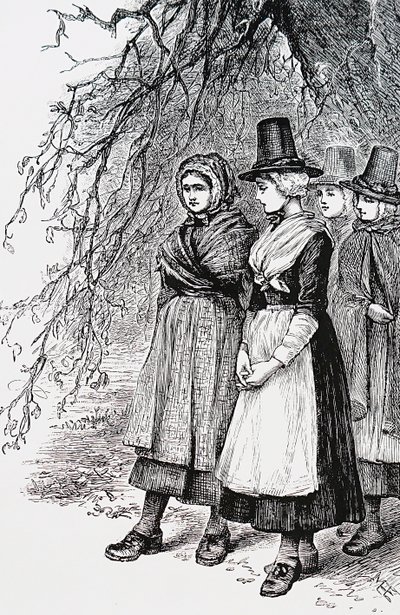 Walesi lányok egy hollantide-i vásáron, egy bérbeadó vásáron, arra várva, hogy elfoglalják őket háztartási alkalmazottként alkotó: Mary Ellen Edwards