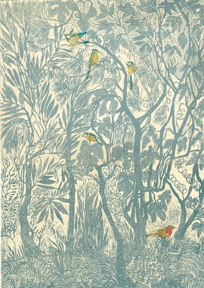 Madármegfigyelés a konyhaablakból: robin, 2012 (vinil gravírozás, dombornyomat) alkotó: Mary Kuper