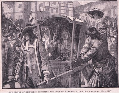 Az edinburghiak kísérik Hamilton hercegét a Holyrood palotába 1706-ban. alkotó: Mary L. Gow