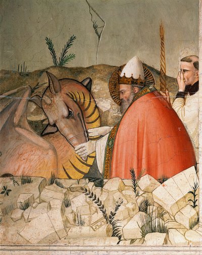 A szilveszteri élet epizódjai: I. Szent Szilveszter pápa (Silveszter vagy Silvestro) (314-335) bezárja a sárkány száját. Részlet. Maso di Banco freskója (1341-1346 körül ismert) 14. századi Firenze, Chiesa di Santa Croce, Cappella Bardi alkotó: Maso di Banco
