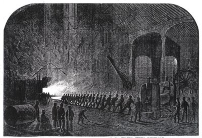 Páncéllemezek hengerelésének folyamata Őfelsége hajóihoz a sheffieldi Alas Steelworksben, illusztráció a „The Illustrated London News”-ból, 1861. szeptember 14. alkotó: Mason Jackson