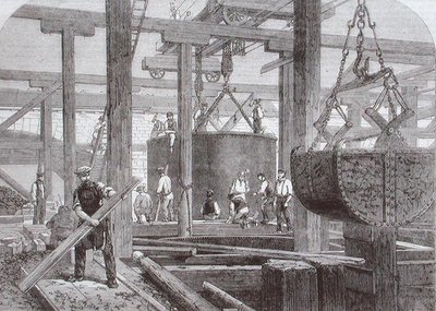 A londoni, chathami és doveri vasút Blackfriars hídjánál zajló építési munkák képe, amely az egyik kör alakú kőmóló hengerének süllyedését mutatja alkotó: Mason Jackson