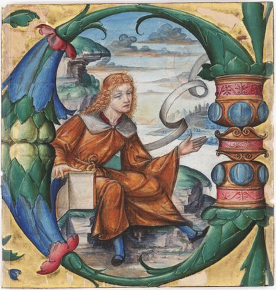 Fokozatos, metszett Keresztelő Szent János historizált C kezdőbetűjével, egy antifonáriából, Milánó, 1515 (tempera és tinta pergamenre) (3587462 recto) alkotó: Master B. F. 16th century Master B. F. 16th century