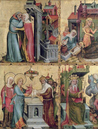 Találkozó az Aranykapunál és bemutató a templomban, a Buxtehude-oltártól, 1400-10 (tempera a panelen) alkotó: Master Bertram of Minden