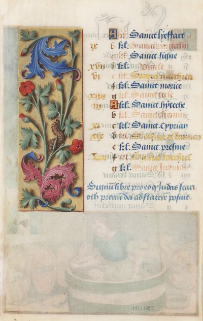 MS Lewis EM 11:22v virágpanel akantusszal, rózsaszínnel és hernyóval, XII. Lajos óráiból, 1498-99 (tempera és arany pergamen) alkotó: Master Claude de France