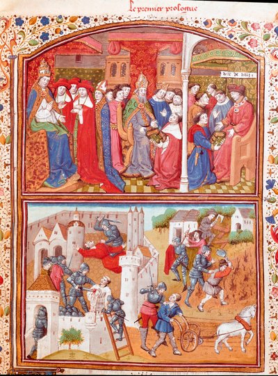 Prológus: a szerző bemutatja könyvét Berry hercegének és a szántók lemészárlásának jelenetét Giovanni Boccaccio dit Jean Boccace (1313-1375), olasz író „” Nemes férfiak és nők szerencsétlenségeinek esetei” című miniatúra (De casibus) , fordította La alkotó: Master Dunois