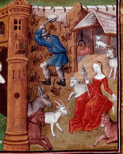 Ádám a földet szedő, Éva pedig a gyapjút fonó ábrázolása, miután levadászták a földi paradicsomból. Miniatűr a „Des cas des nobles hommes et femmes infortunes” (De casibus) című könyvből, Giovanni Boccaccio dit Jean Boccace (1313-1375), olasz alkotó: Master Dunois
