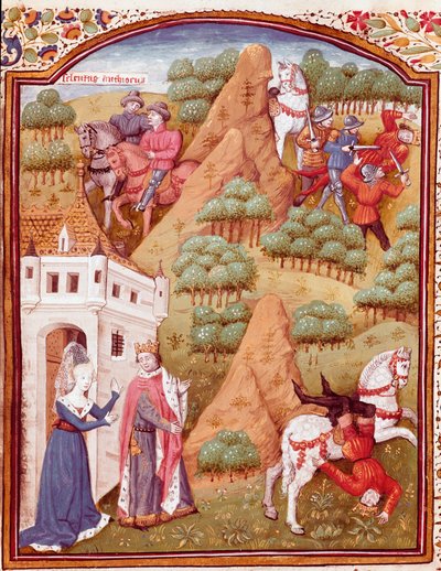 Szeleukosz (Seleucus) I. Nicator és apja Antiokhosz (Antiokhosz) Ázsia és Szíria királya A két király közül az egyik bérgyilkos, lóesés. Miniatűr a „Des cas des nobles hommes et femmes infortunes” (De casibus) című könyvből, Giovanni Boccaccio dit Jean Bo alkotó: Master Dunois