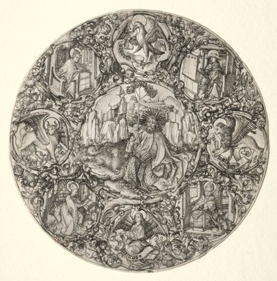 Keresztelő Szent János a latin egyház evangélistái és négy atyja által körülvéve, 1466. alkotó: Master E. S.