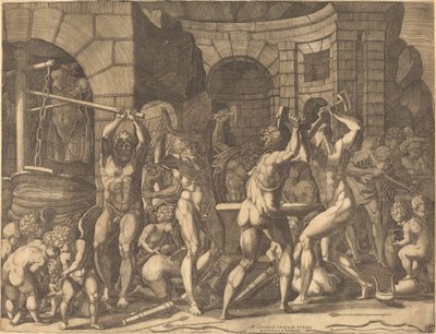 Vulkán és a Küklopok Nyilakat kovácsolnak alkotó: Master FG, after Francesco Primaticcio