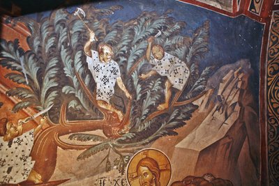 Krisztus belépése Jeruzsálembe. Részlet: Pálmaágakat vágó gyerekek, 14. század alkotó: Master Gerasime