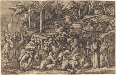 Mózes megüti a sziklát alkotó: Master IV after Francesco Primaticcio