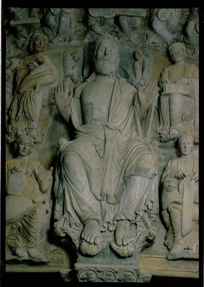 A Portico de la Gloria részlete, amely Krisztust a Majesty kőben ábrázolja alkotó: Master Mateo
