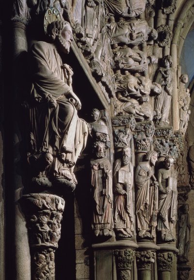 A Szent Jakabot ábrázoló Portico de la Gloria részlete, 12. századi kő alkotó: Master Mateo